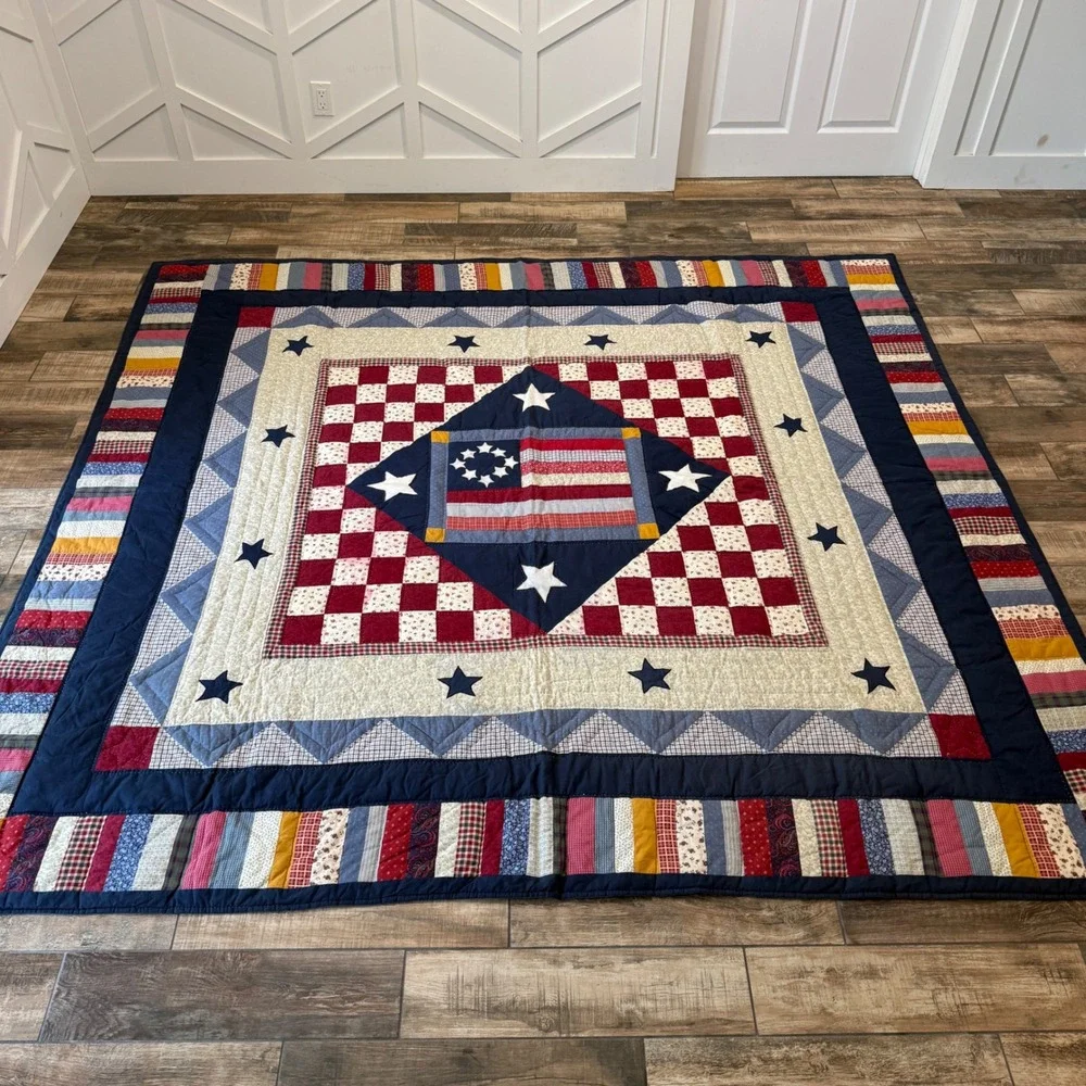 Handmade Americana Patchwork Quilt Betsy Ross Flag Queen 98x88 Red White Blue